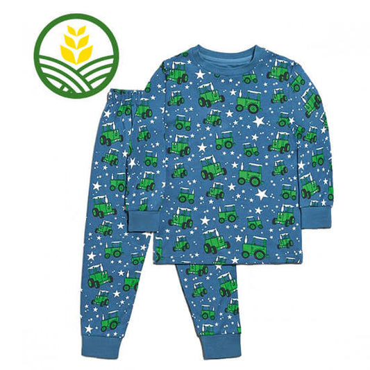 Blue Kids Tractor Ted Starry Night Pyjamas with green tractor ted and stars pattern on top and bottoms.