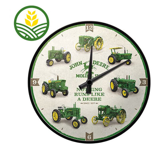 A wall clock with artwork featuring 7 traditional, older model John Deere tractors.