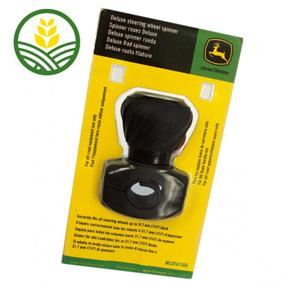 John Deere logo black Steering Wheel Spinner in packaging.